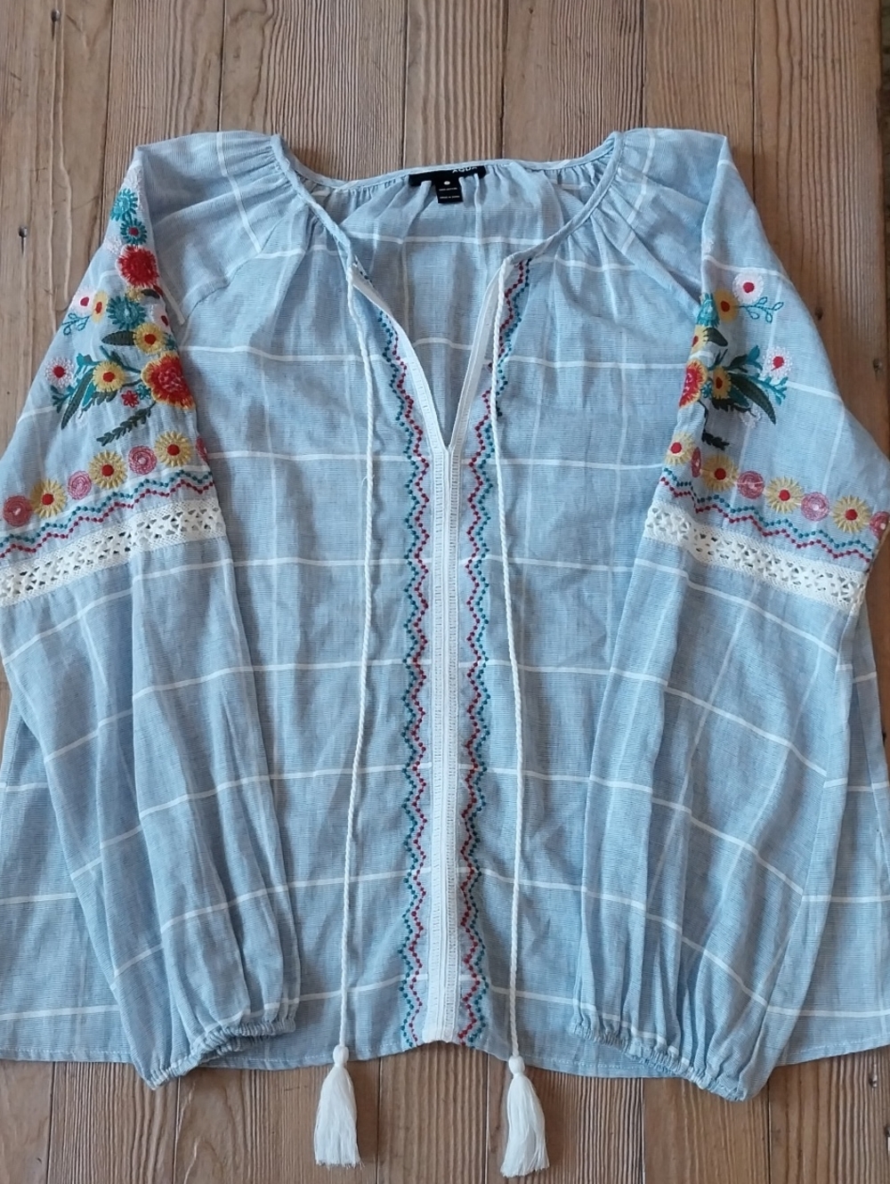 Aqua Light Blue Embroidered Peasant Tunic with Tassels